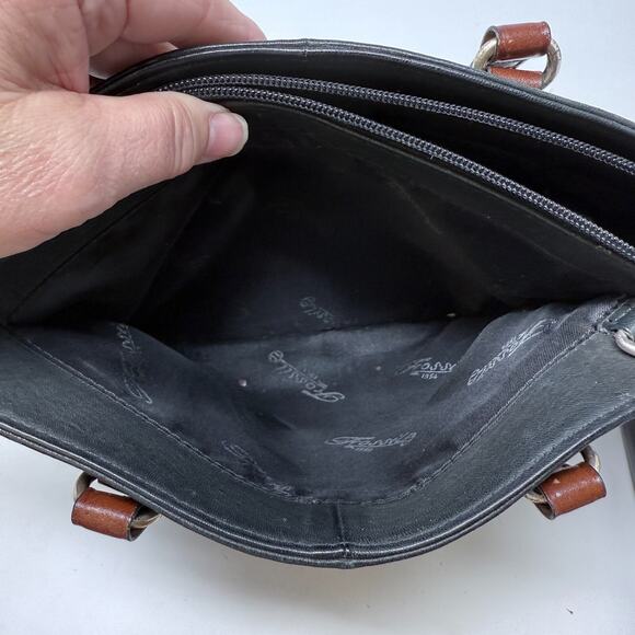 Vintage Fossil Black Leather Shoulder Bag Brown Leather Stitching Double Handles - Picture 6 of 6
